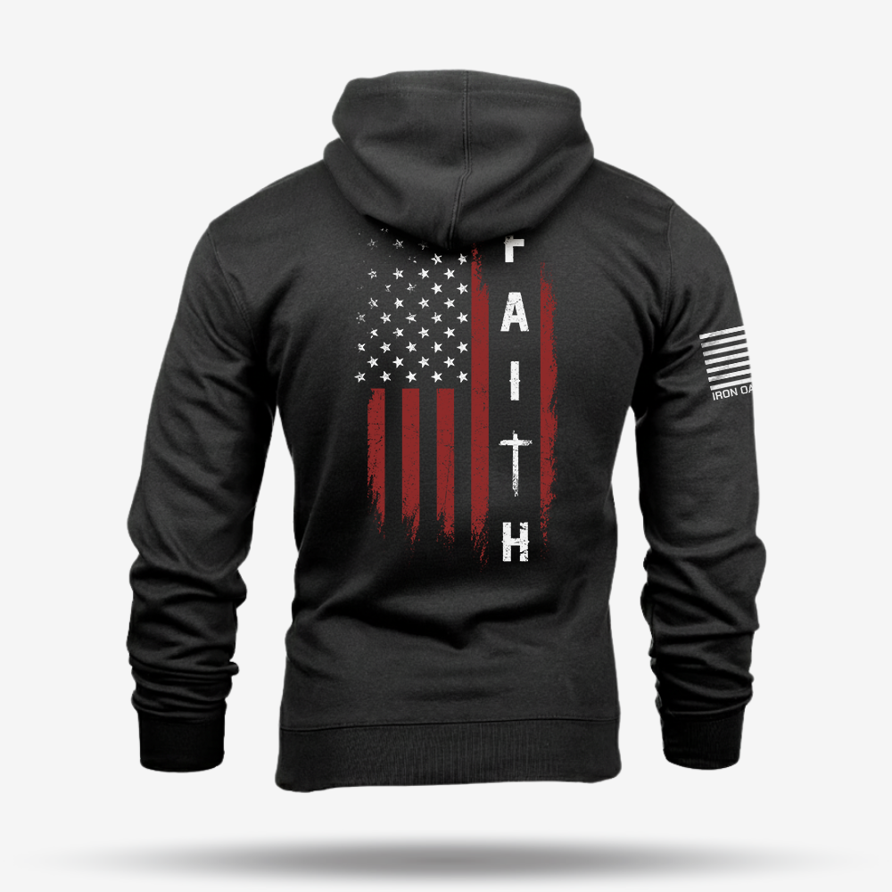 Faith Over Fear – Distressed American Flag Hoodie