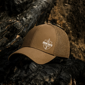 Tan American Made Mesh Back Hat with Iron Oath